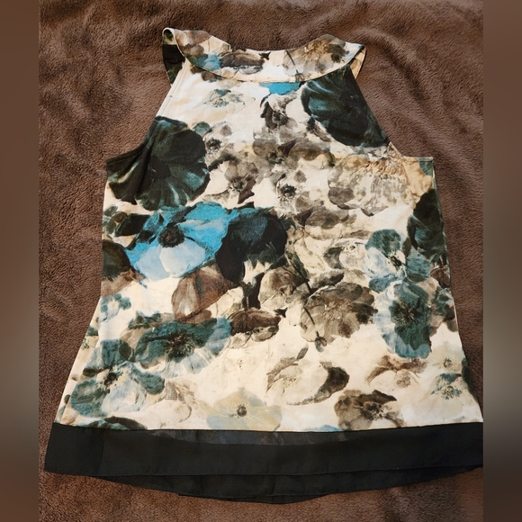 Sleeveless Top with Pleating and Sheer Trim Multi Color Black/Teal/Cream - Picture 4 of 8